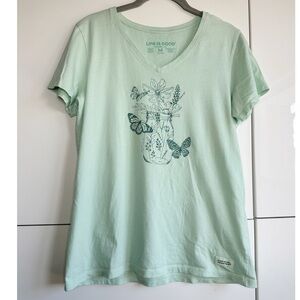 Life is Good Mint Green T Shirt Botanical Flowers Butterfly Mason Jar Size Md